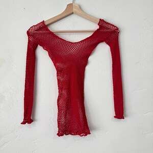 Vintage 90's Red Mesh Fishnet Long Sleeve Top - Women's Small